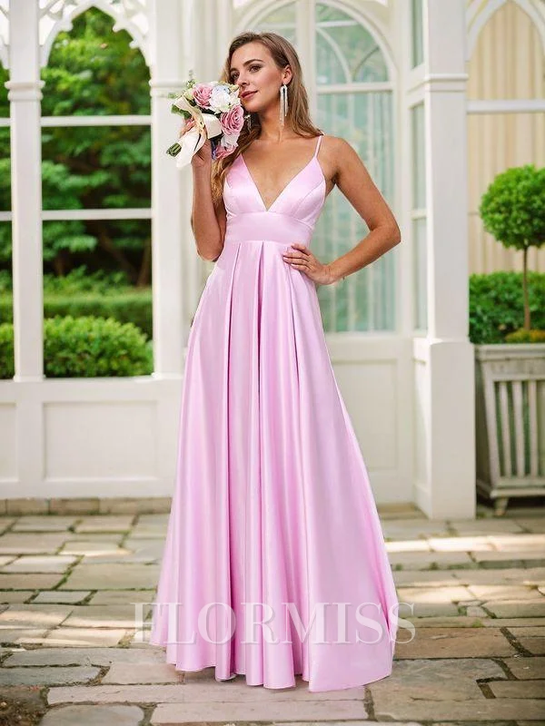 A-line/Princess Satin V-neck Sleeveless Floor-Length Bridesmaid Dresses