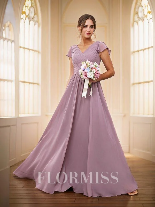 A-line/Princess Chiffon Ruched V-neck Short Sleeves Floor-Length Bridesmaid Dresses
