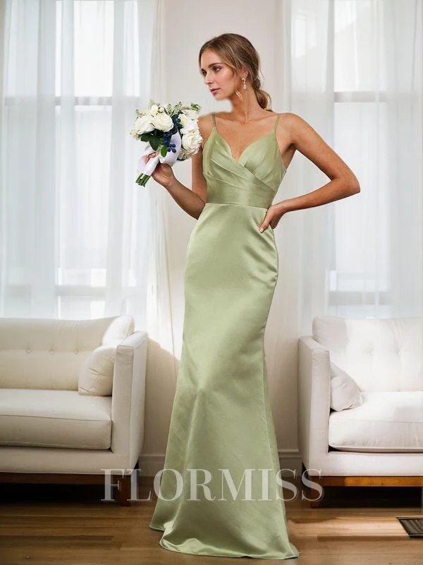 Sheath/Column Satin Ruched V-neck Sleeveless Floor-Length Bridesmaid Dresses