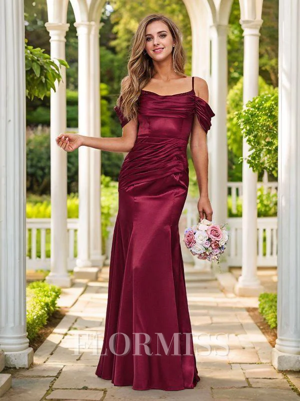 Sheath/Column Silk Like Satin Ruched Sleeveless Floor-Length Bridesmaid Dresses