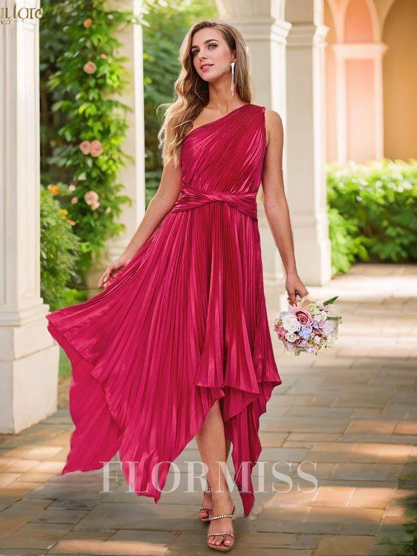 A-line/Princess Silk Like Satin Ruched One-Shoulder Sleeveless Tea-Length Bridesmaid Dresses