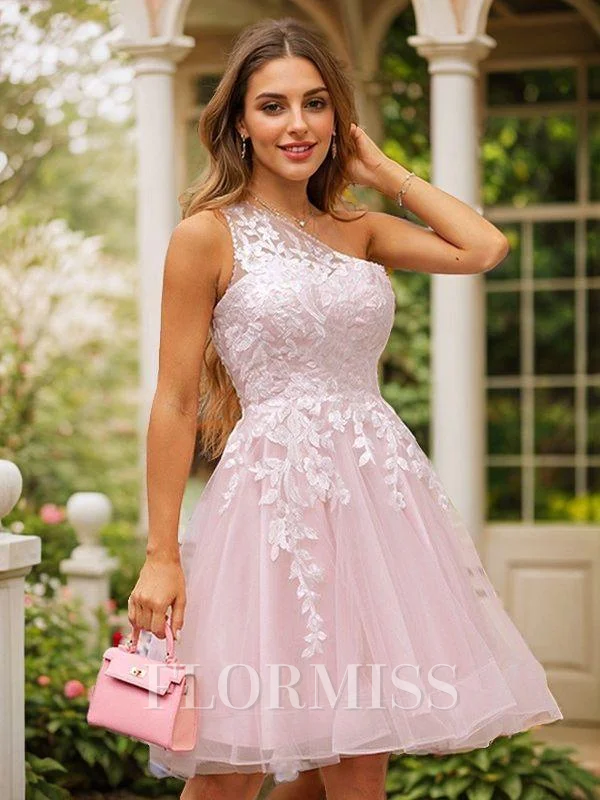 A-Line/Princess Tulle Lace One-Shoulder Sleeveless Short/Mini Dresses