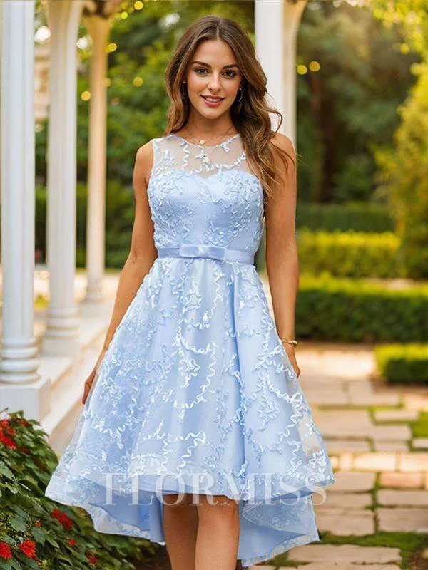 A-Line/Princess Lace Ruffles Scoop Sleeveless Asymmetrical Dresses