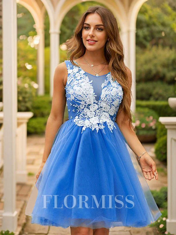 A-Line/Princess Tulle Applique Scoop Sleeveless Short/Mini Dresses