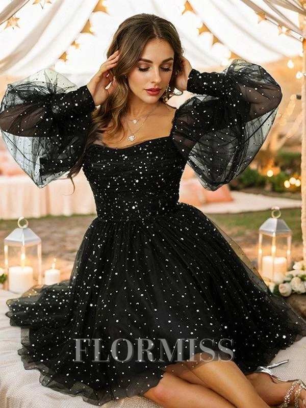 A-Line/Princess Ruffles Square Long Sleeves Knee-Length Dresses