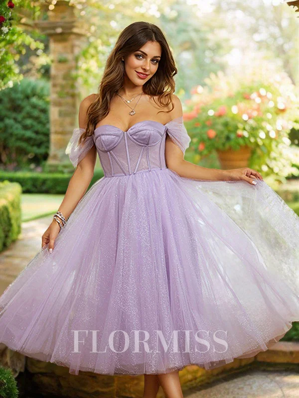 A-Line/Princess Tulle Ruffles Off-the-Shoulder Sleeveless Tea-Length Dresses