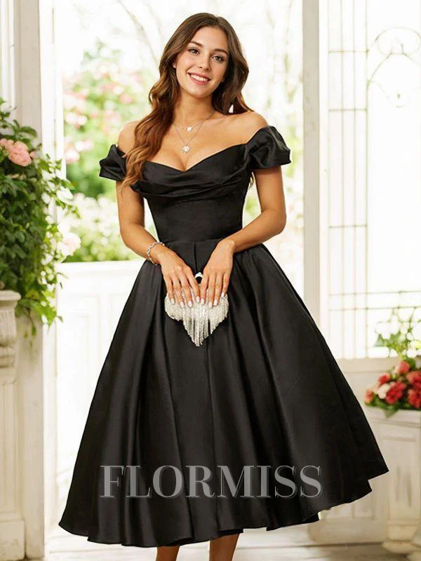 A-Line/Princess Satin Ruched Off-the-Shoulder Sleeveless Tea-Length Dresses