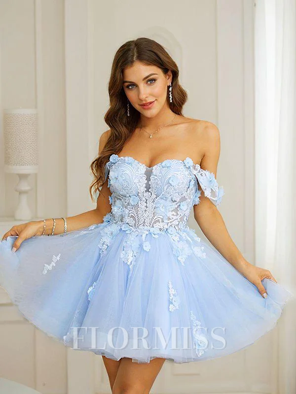 A-Line/Princess Tulle Applique Off-the-Shoulder Sleeveless Short/Mini Dresses