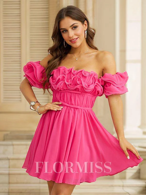 A-Line/Princess Chiffon Ruched Off-the-Shoulder Short Sleeves Short/Mini Dresses