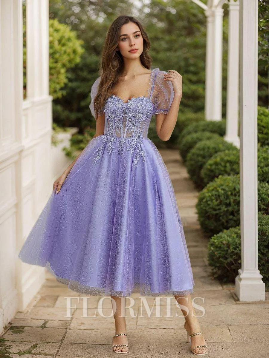 A-Line/Princess Lace Applique Sweetheart Short Sleeves Tea-Length Dresses