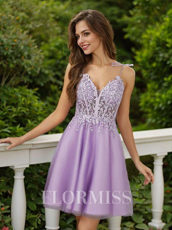 A-Line/Princess Tulle Applique Spaghetti Straps Sleeveless Short/Mini Dresses