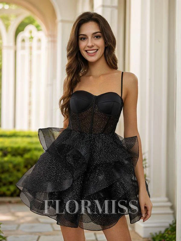 A-Line/Princess Tulle Layers Spaghetti Straps Sleeveless Short/Mini Dresses