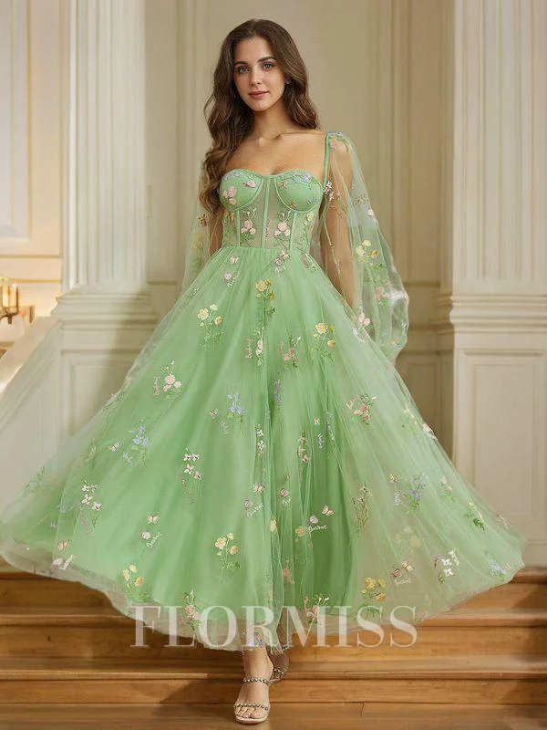 A-Line/Princess Tulle Embroidery Sweetheart Long Sleeves Tea-Length Dresses
