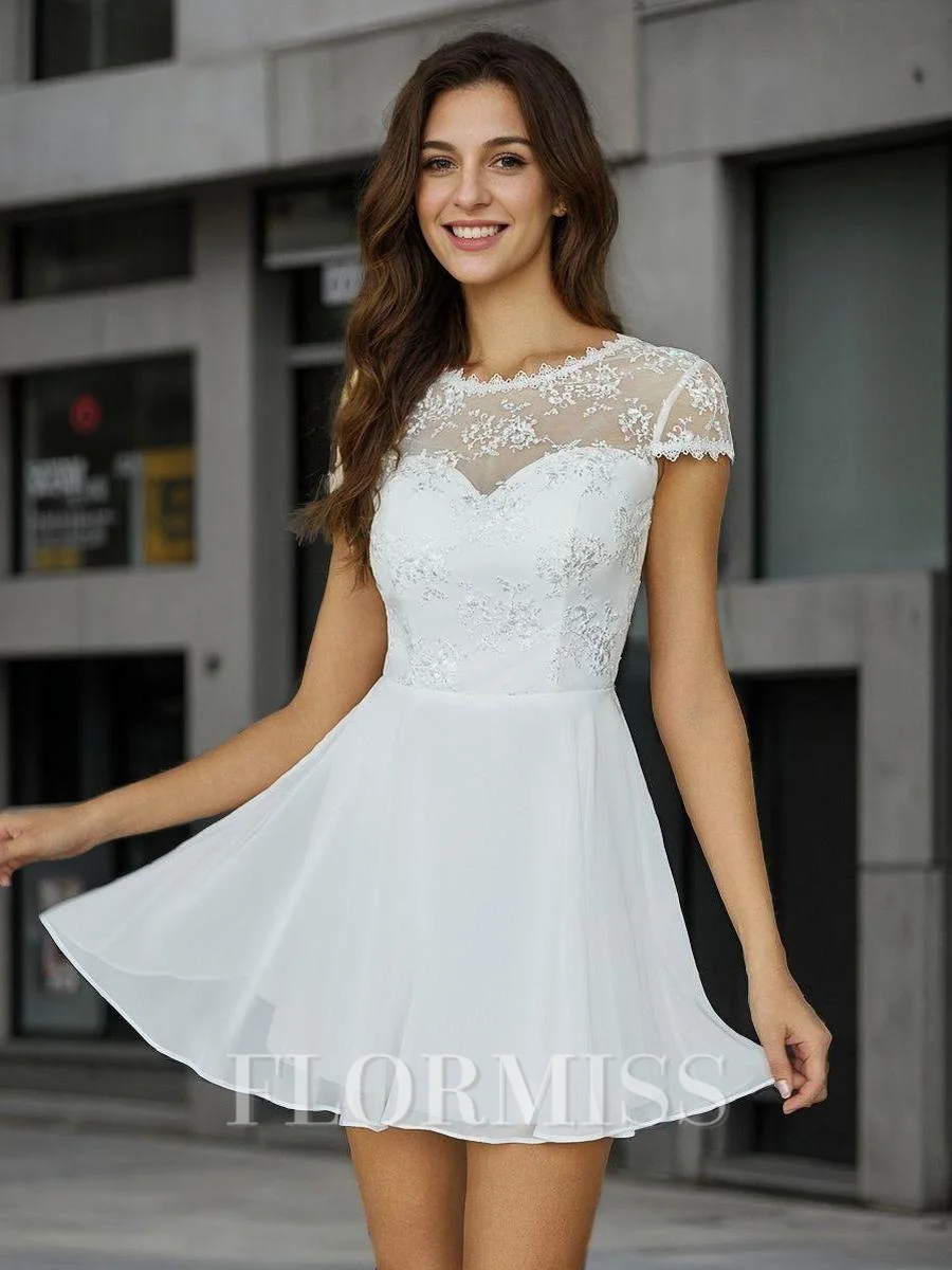 A-Line/Princess Chiffon Applique Jewel Short Sleeves Short/Mini Dresses
