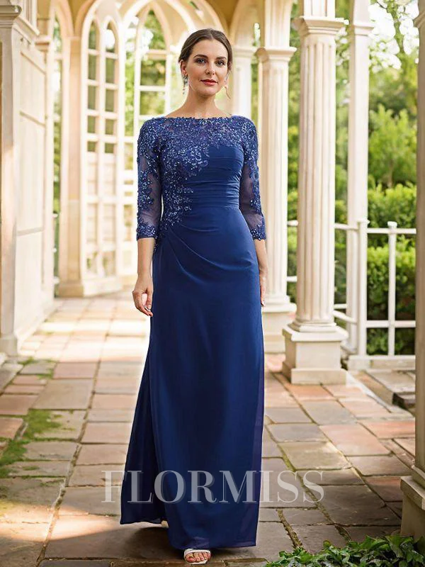 Sheath/Column Chiffon Applique Bateau 3/4 Sleeves Floor-Length Mother of the Bride Dresses