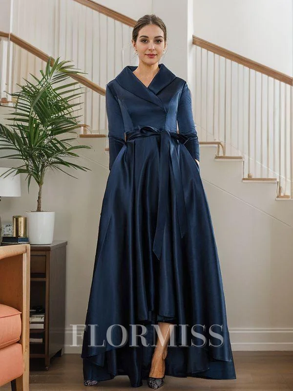 A-Line/Princess Satin Ruched V-neck Long Sleeves Asymmetrical Mother of the Bride Dresses