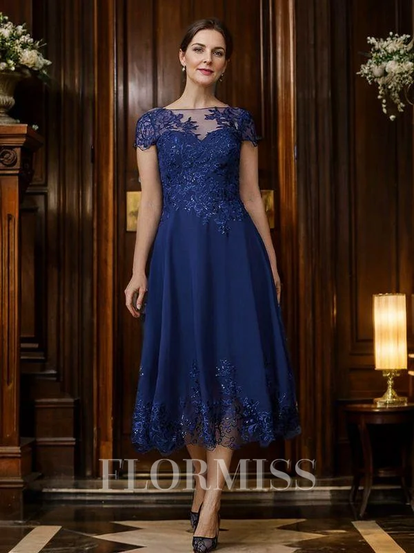 A-Line/Princess Chiffon Applique Bateau Short Sleeves Tea-Length Mother of the Bride Dresses