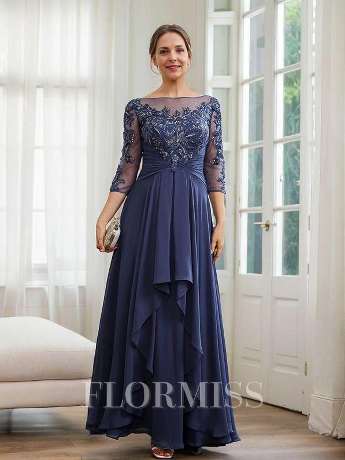 A-Line/Princess Chiffon Applique Bateau 3/4 Sleeves Floor-Length Mother of the Bride Dresses
