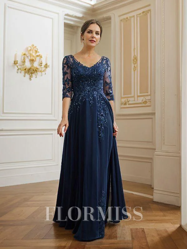 A-Line/Princess Chiffon Applique V-neck 3/4 Sleeves Floor-Length Mother of the Bride Dresses