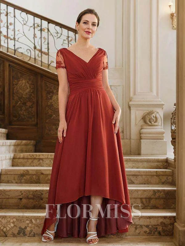 A-Line/Princess Chiffon Ruched V-neck Short Sleeves Asymmetrical Mother of the Bride Dresses