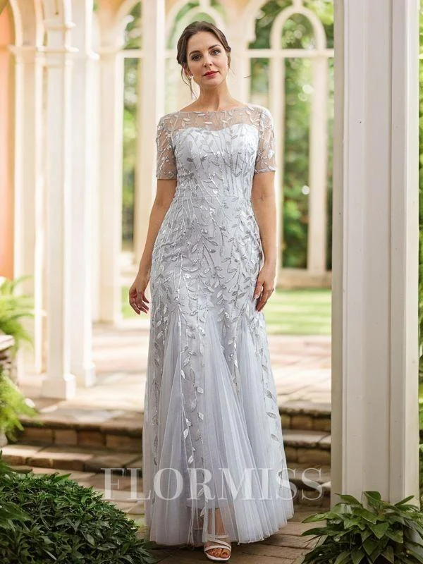 A-Line/Princess Tulle Ruched Bateau Short Sleeves Ankle-Length Mother of the Bride Dresses