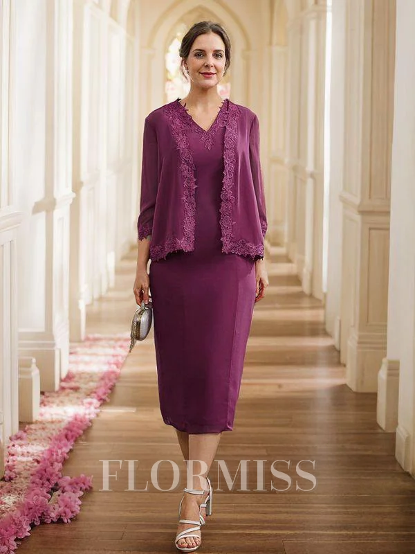 Sheath/Column Chiffon Applique V-neck Sleeveless Tea-Length Mother of the Bride Dresses