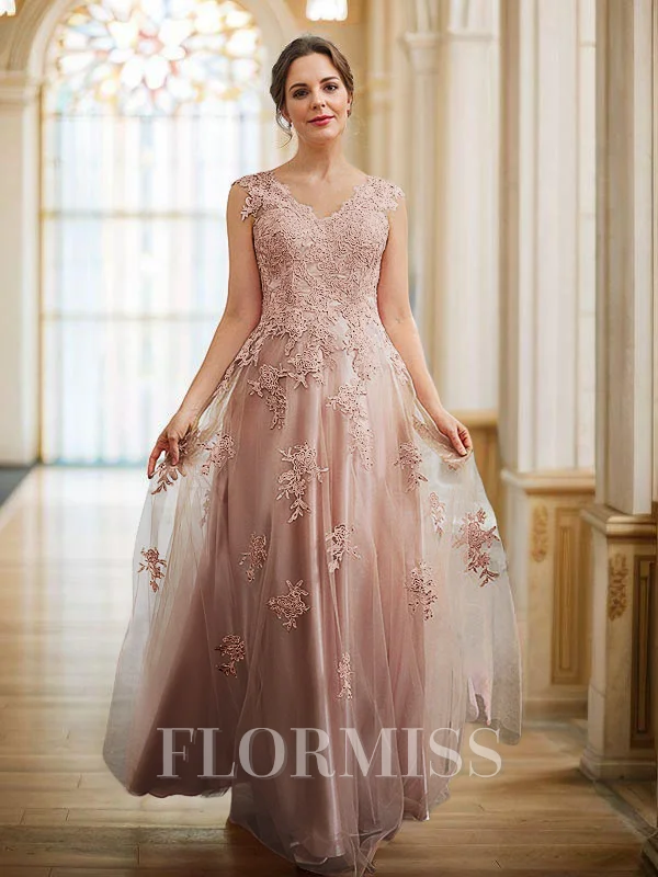 A-Line/Princess Tulle Applique V-neck Sleeveless Floor-Length Dresses