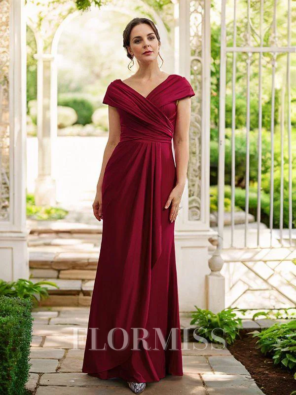 Sheath/Column Jersey Ruched V-neck Short Sleeves Floor-Length Mother of the Bride Dresses