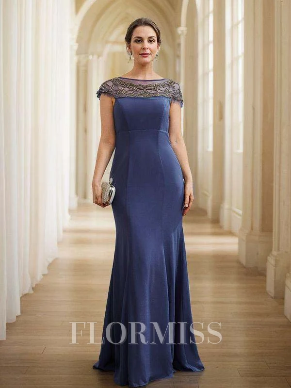 Sheath/Column Chiffon Beading Bateau Short Sleeves Floor-Length Mother of the Bride Dresses