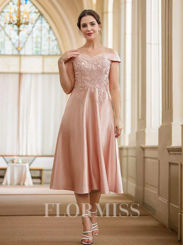 A-Line/Princess Satin Applique Off-the-Shoulder Sleeveless Tea-Length Mother of the Bride Dresses