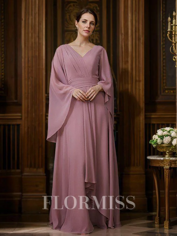 A-Line/Princess Chiffon Ruched V-neck 3/4 Sleeves Floor-Length Mother of the Bride Dresses