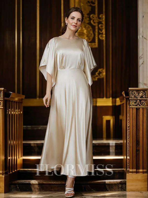 A-Line/Princess Silk like Satin Ruched Scoop 1/2 Sleeves Ankle-Length Mother of the Bride Dresses