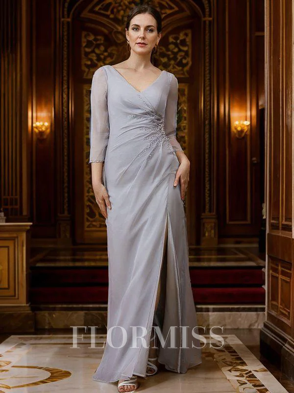 Sheath/Column 30D Chiffon Beading V-neck 3/4 Sleeves Floor-Length Mother of the Bride Dresses