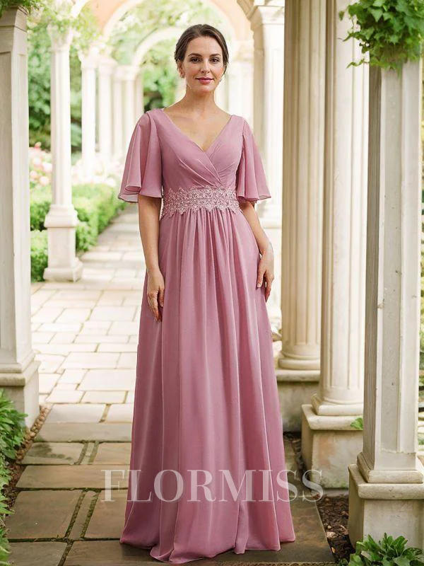 A-Line/Princess Chiffon Ruched V-neck 1/2 Sleeves Floor-Length Mother of the Bride Dresses