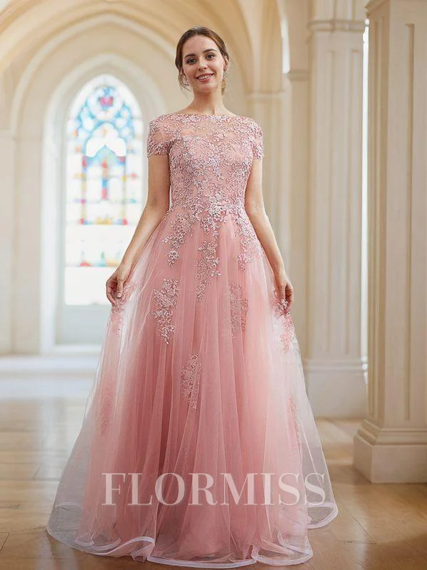 A-Line/Princess Tulle Applique Bateau Short Sleeves Floor-Length Dresses