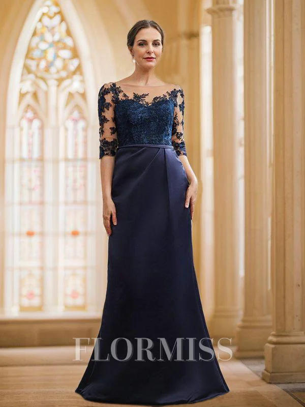 Sheath/Column Satin Applique Bateau 1/2 Sleeves Sweep Train Mother of the Bride Dresses