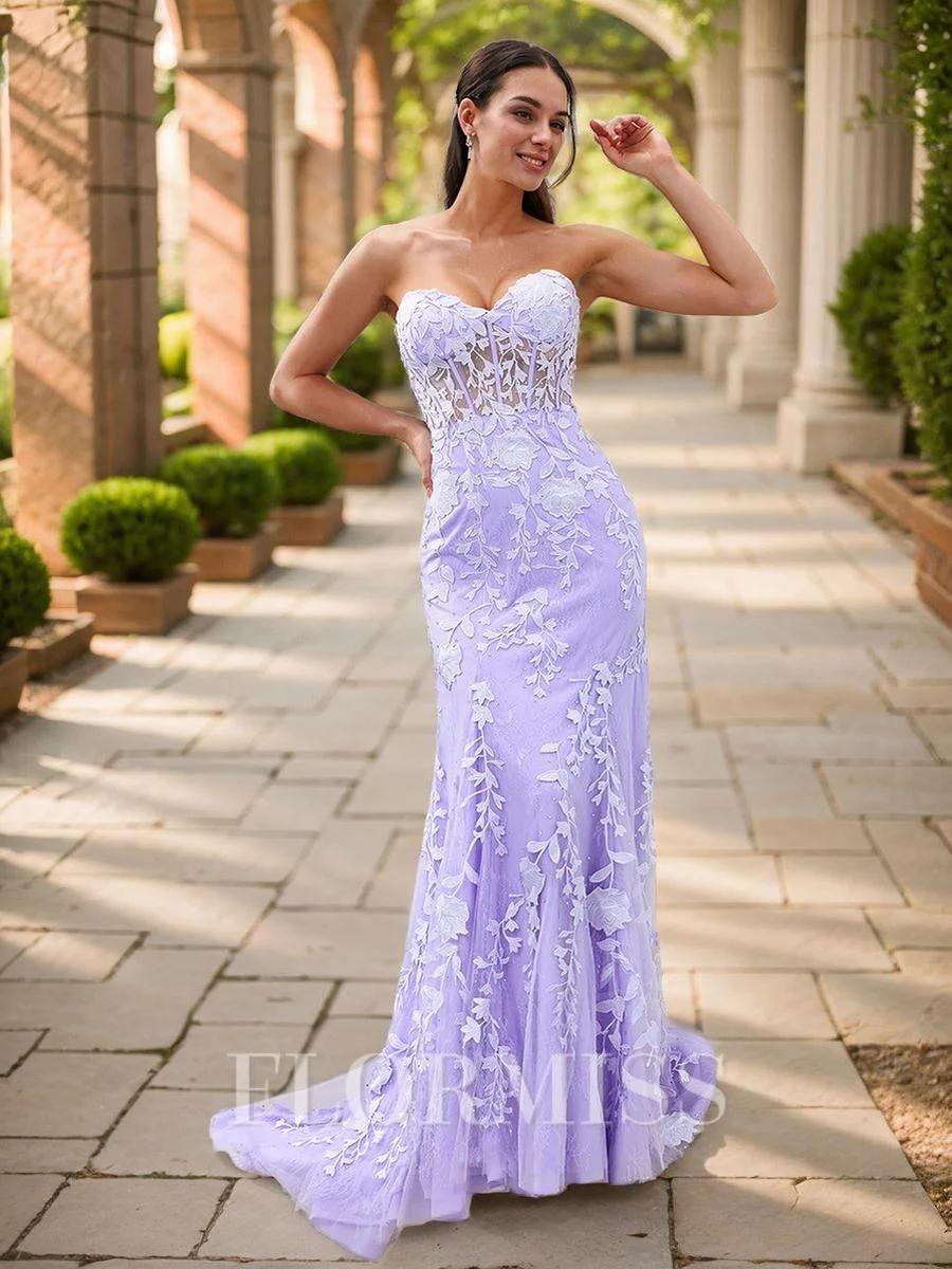 Sheath Sweetheart Appliques Lace Sweep Train Tulle Corset Dress