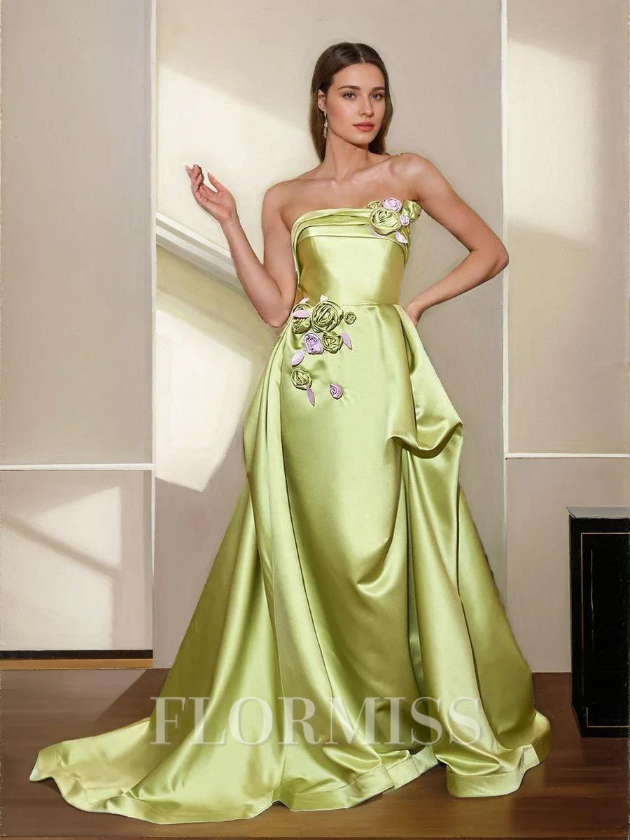 A-line Straight Flower Sweep Train Satin Dress
