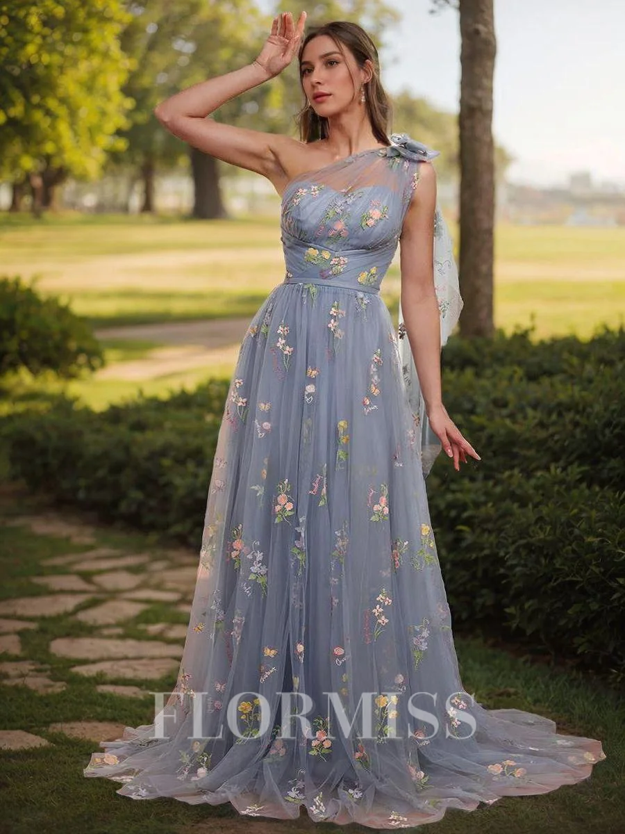 A-line One-Shoulder Appliques Lace Sweep Train Lace Dress