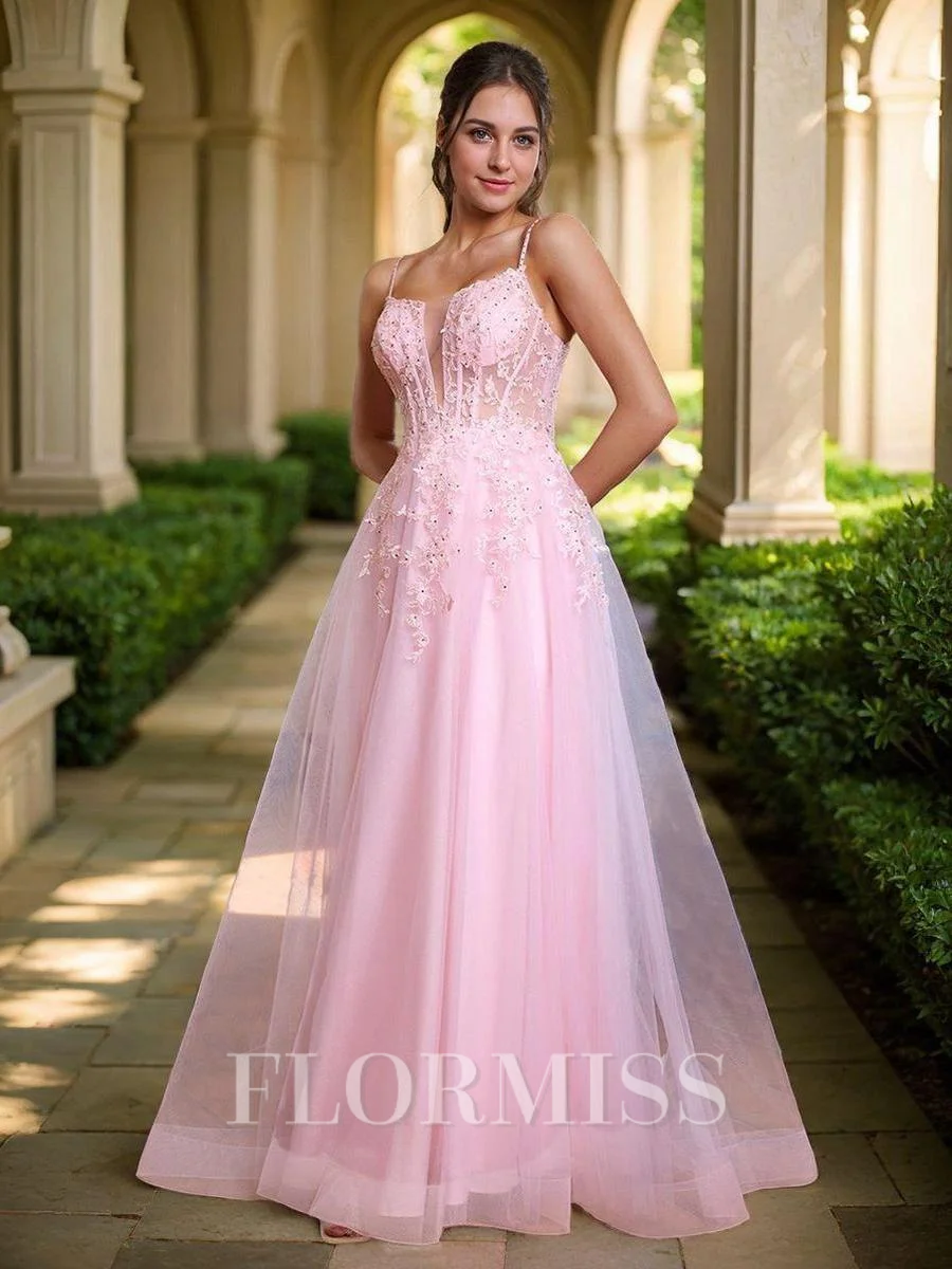 A-line Spaghetti Straps Appliques Lace Floor-Length Tulle Corset Dress