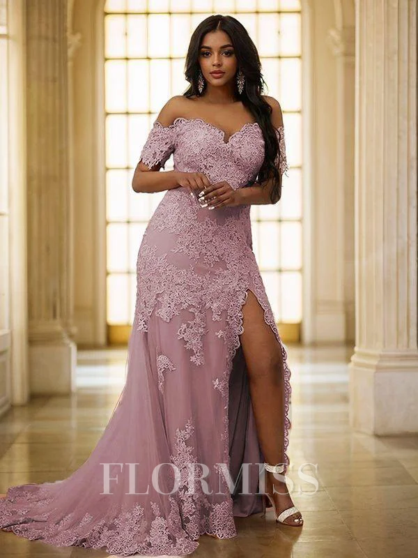 Sheath/Column Tulle Applique Off-the-Shoulder Sleeveless Sweep Train Dresses