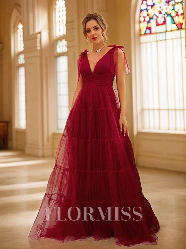 A-Line/Princess Tulle Ruffles V-neck Sleeveless Sweep Train Dresses