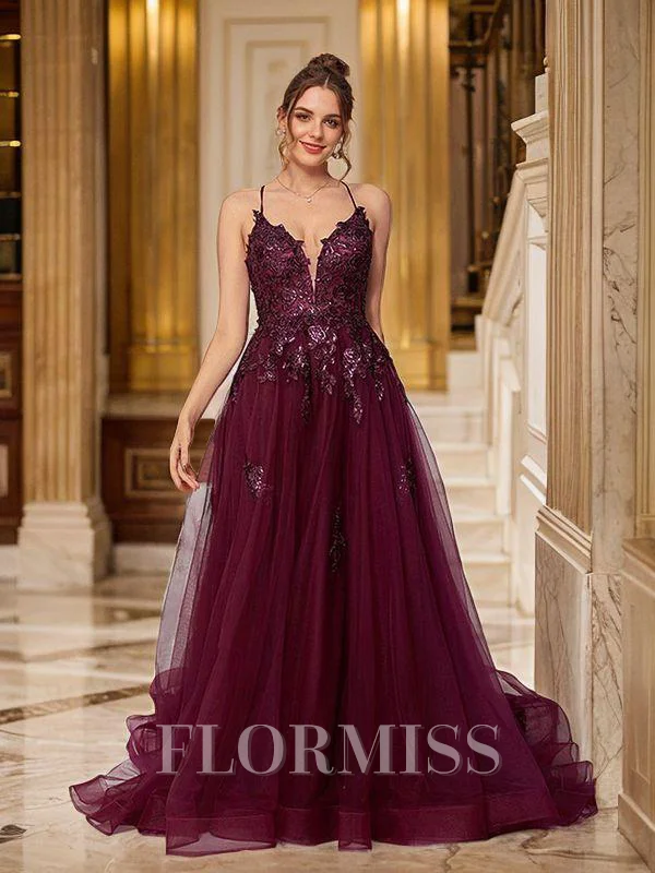 A-Line/Princess Tulle Applique V-neck Sleeveless Court Train Dresses