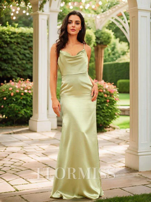 Sheath/Column Silk like Satin Ruched Spaghetti Straps Sleeveless Floor-Length Dresses