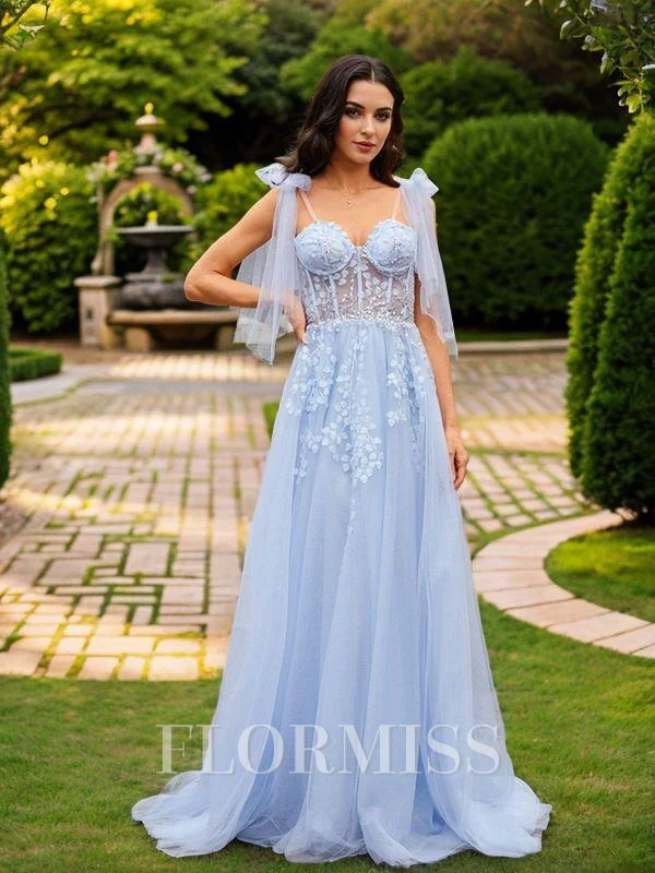 A-Line/Princess Tulle Applique Straps Sleeveless Sweep Train Dresses