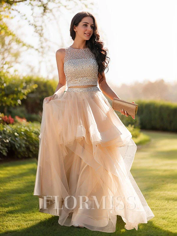A-Line/Princess Tulle Beading Scoop Sleeveless Floor-Length Two Piece Dresses