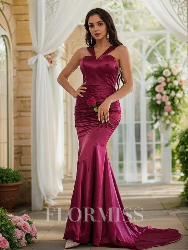 Sheath/Column Silk like Satin Ruched Halter Sleeveless Sweep Train Dresses