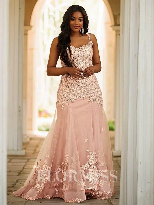 Sheath/Column Tulle Applique Straps Sleeveless Sweep Train Dresses