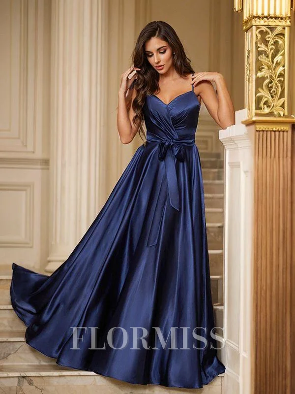 A-Line/Princess Satin Ruffles V-neck Sleeveless Floor-Length Dresses