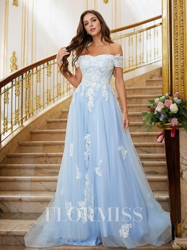 A-Line/Princess Tulle Applique Off-the-Shoulder Sleeveless Sweep Train Dresses